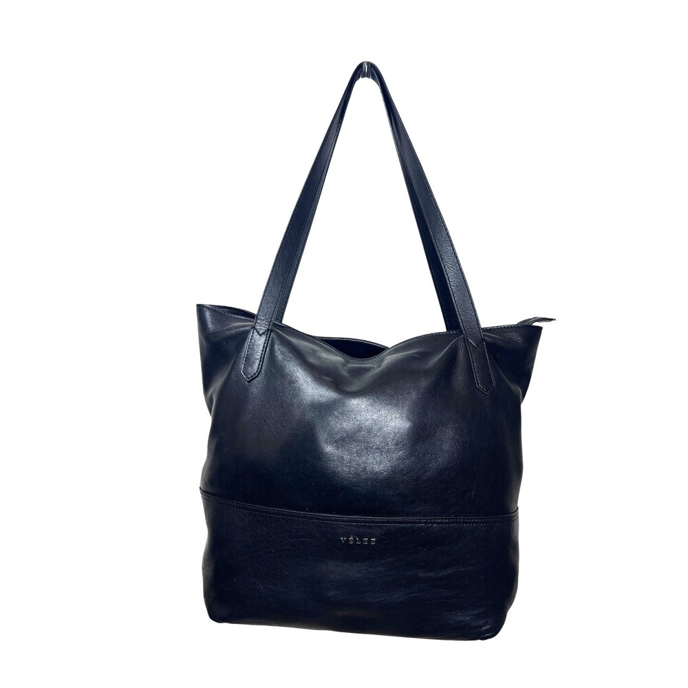 Velez Black Leather Tote Large Minimalist Shoulder Bag Zipper Top - Picture 2 of 12